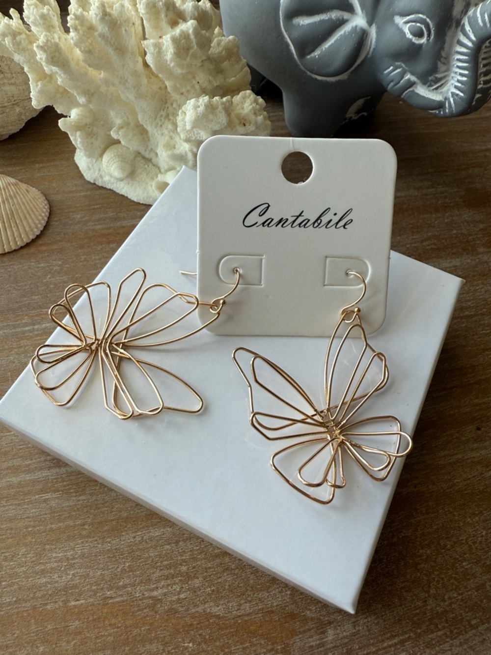 Gold Butterfly Wireframe Drop Earrings - Picture 3 of 6